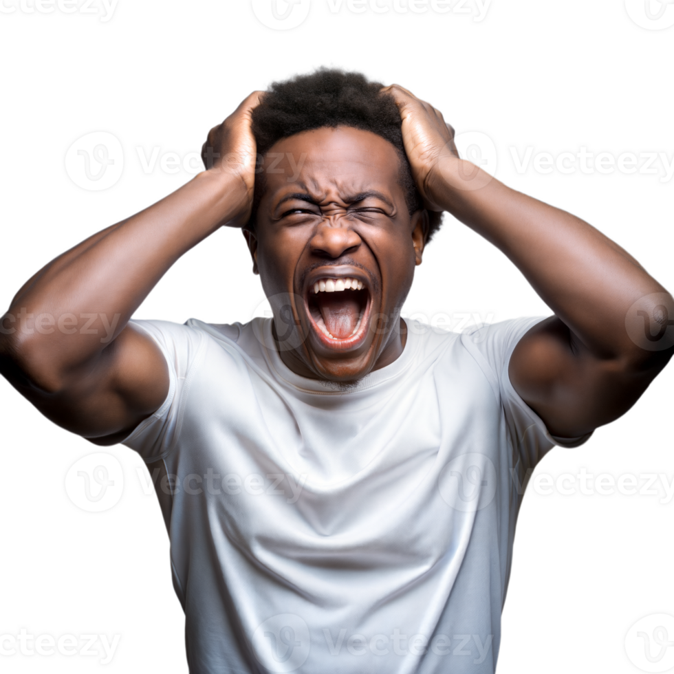 Frustrated young man screaming with hands on head on transparent background png