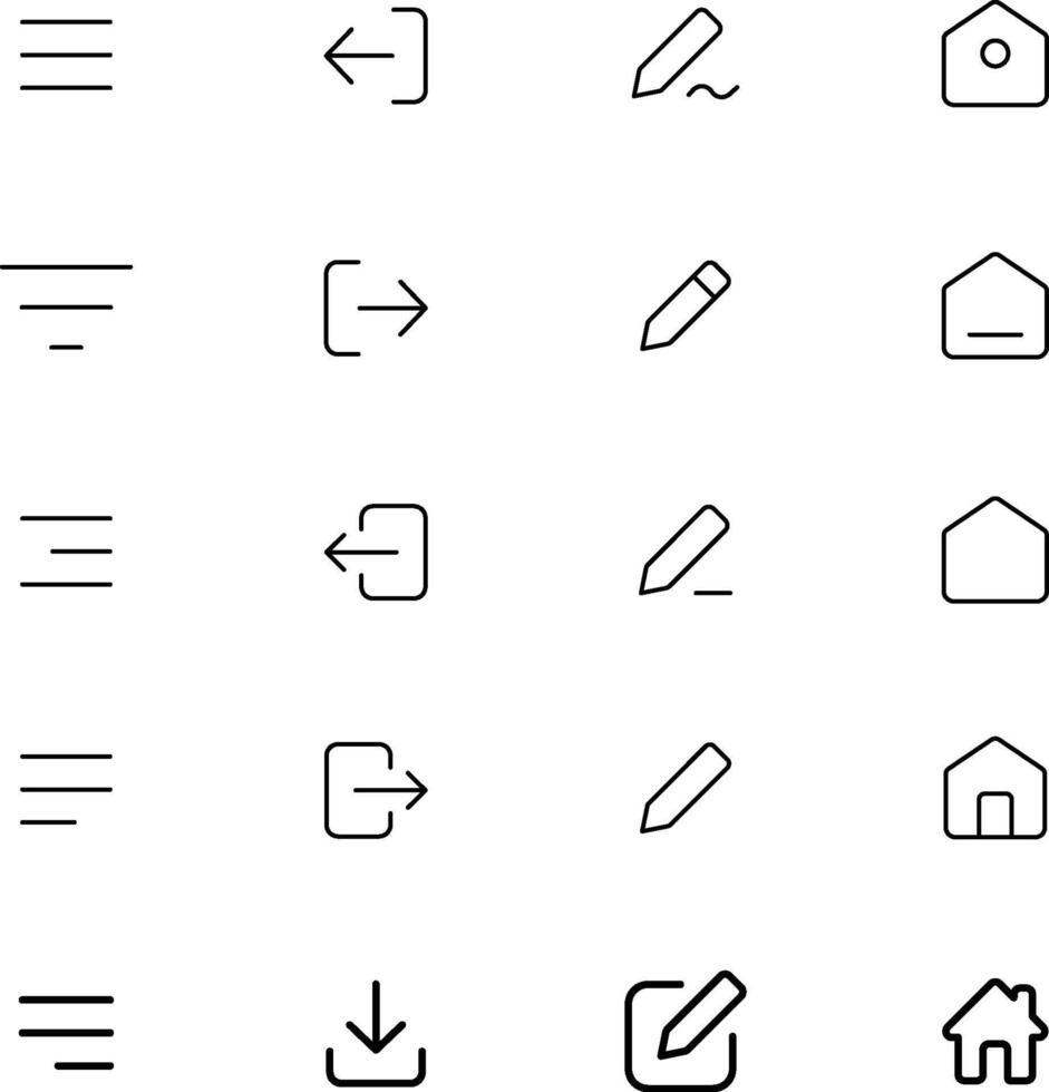 a set of icons for a website that says home, logout, hamburger and edit button. vector