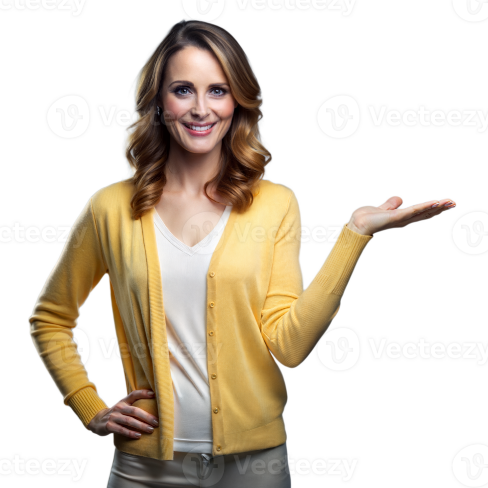 Smiling woman in yellow sweater presenting on transparent background png