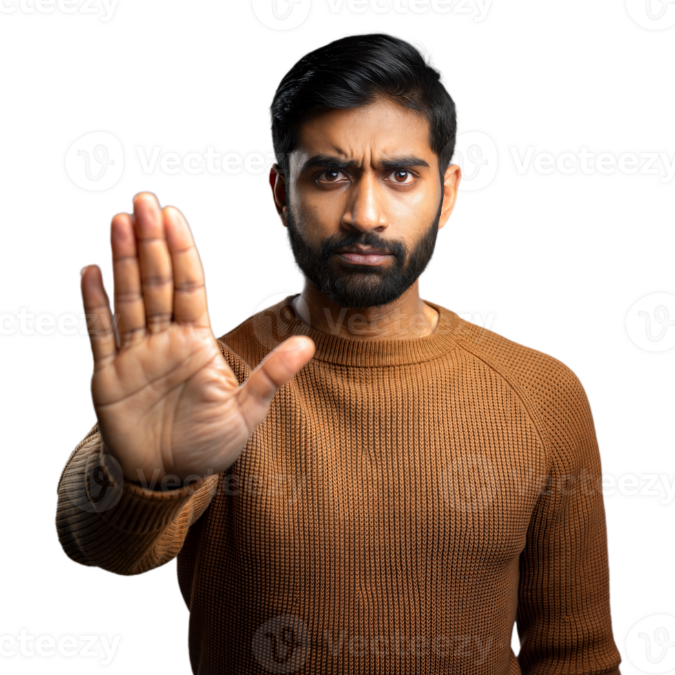 Man raising hand with a serious expression on transparent background png