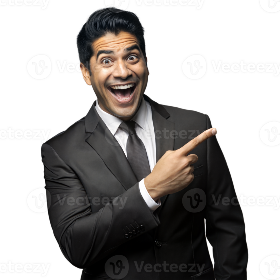 Excited businessman pointing with a broad smile on transparent background png
