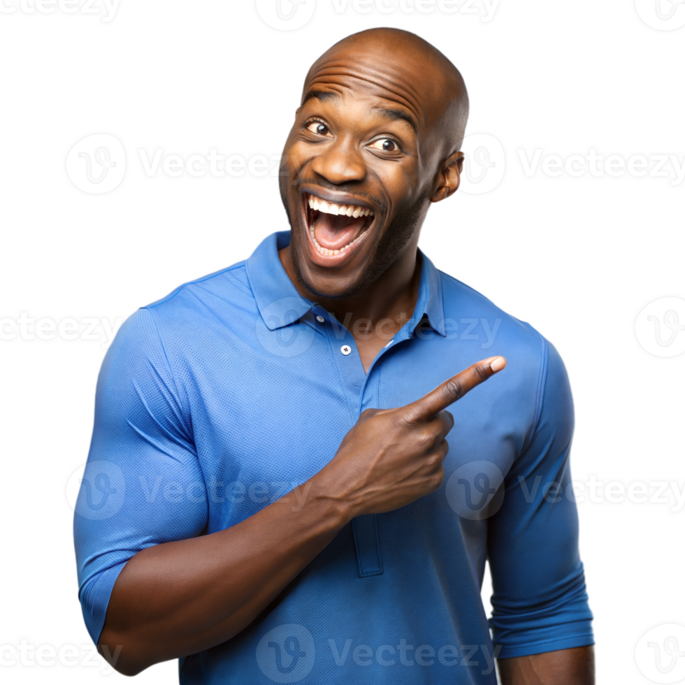 Excited man pointing and smiling on transparent background png