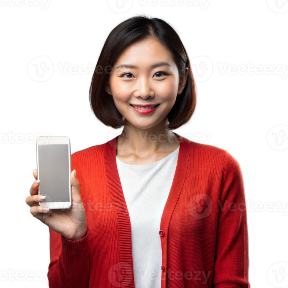 Smiling woman showcasing smartphone on transparent background png