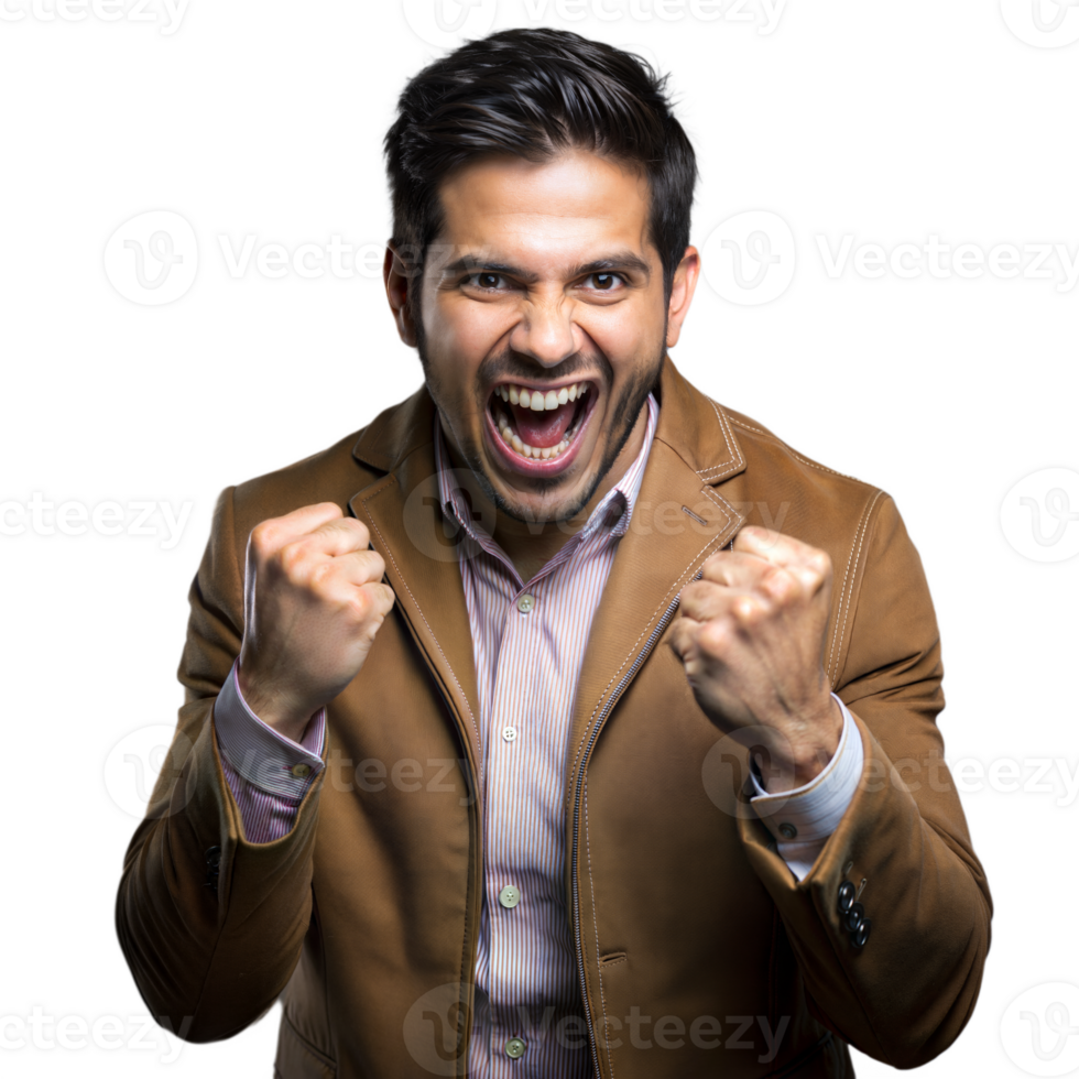 Excited young man celebrating success on transparent background png