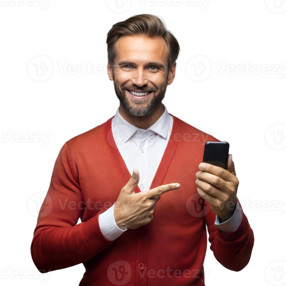 Smiling man pointing at smartphone on transparent background png