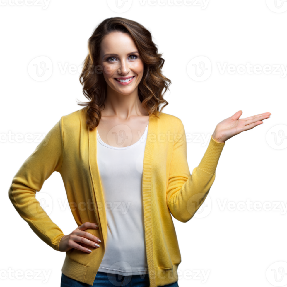 Smiling woman gesturing with hand on transparent background png