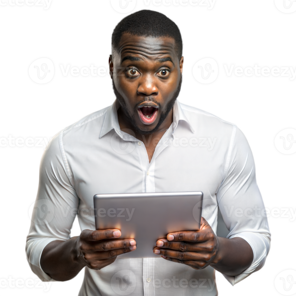 Man expressing surprise while holding a digital tablet png