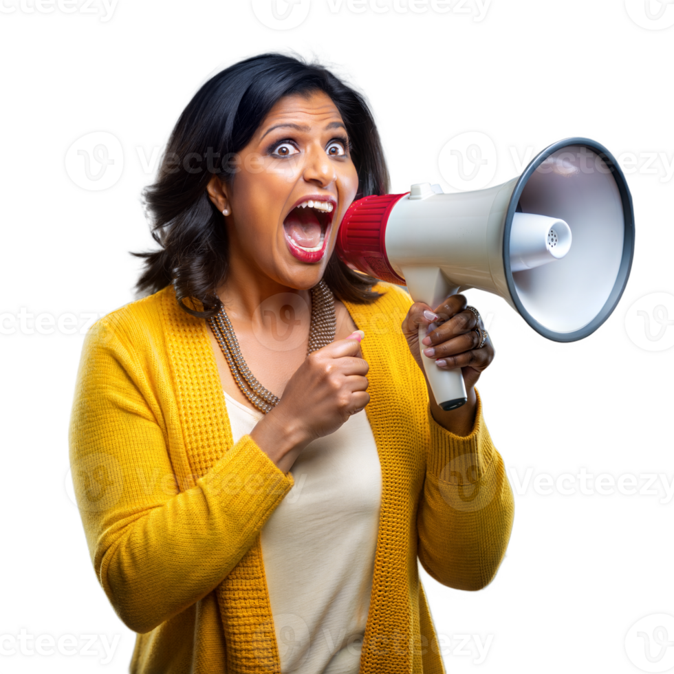 Woman shouting with megaphone on transparent background png