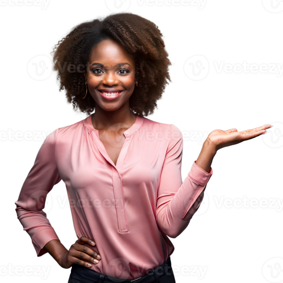 Confident woman smiling and gesturing with hand on transparent background png