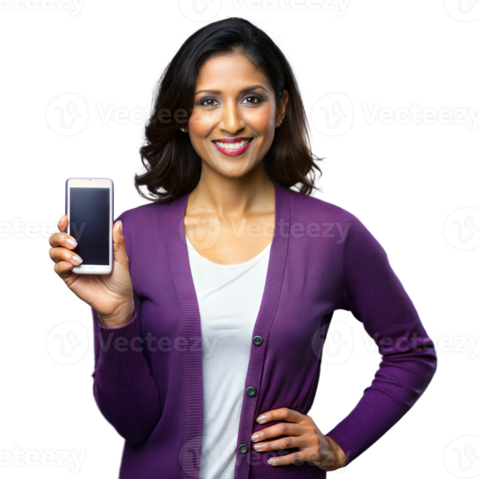 Smiling woman holding smartphone on transparent background png