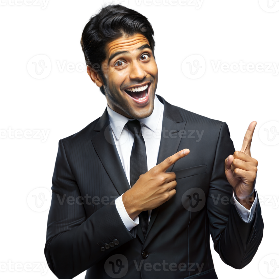 Smiling businessman enthusiastically pointing upwards on transparent background png