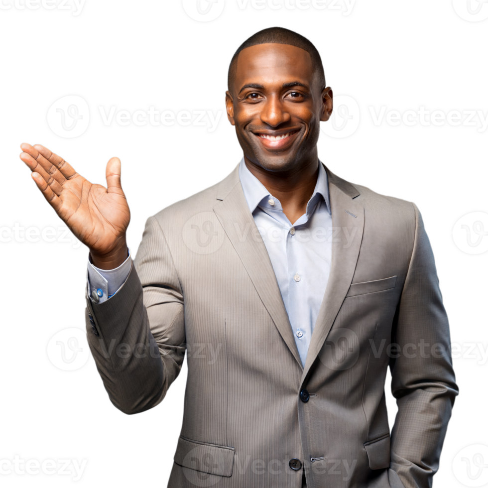 Confident businessman waving with a smile on transparent background png