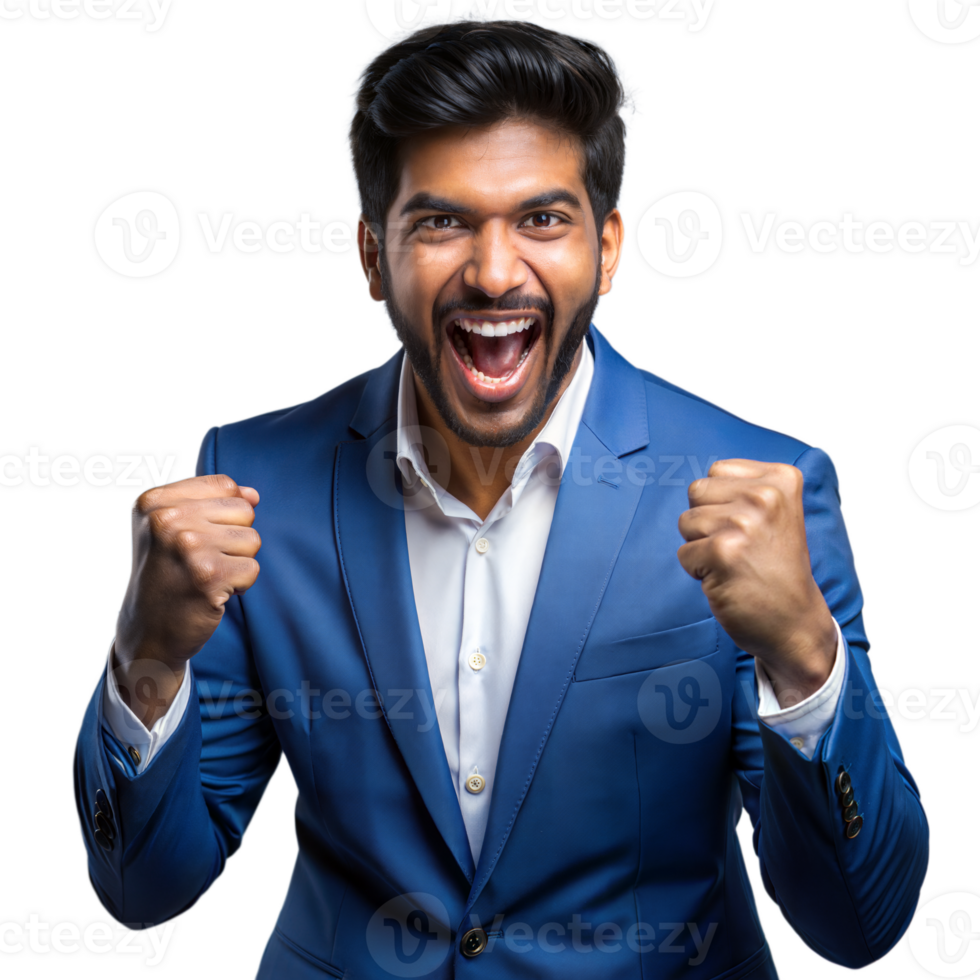 Excited young businessman celebrating success on transparent background png