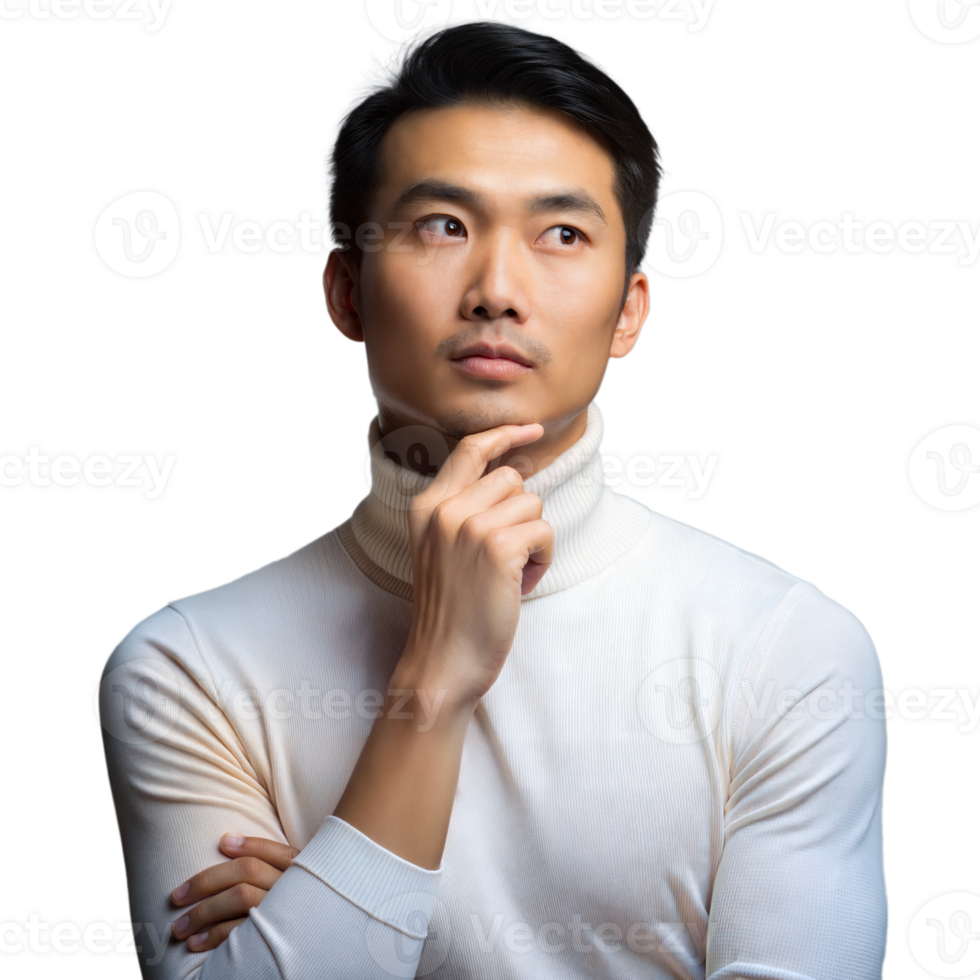 Thoughtful young man in white turtleneck on transparent background png