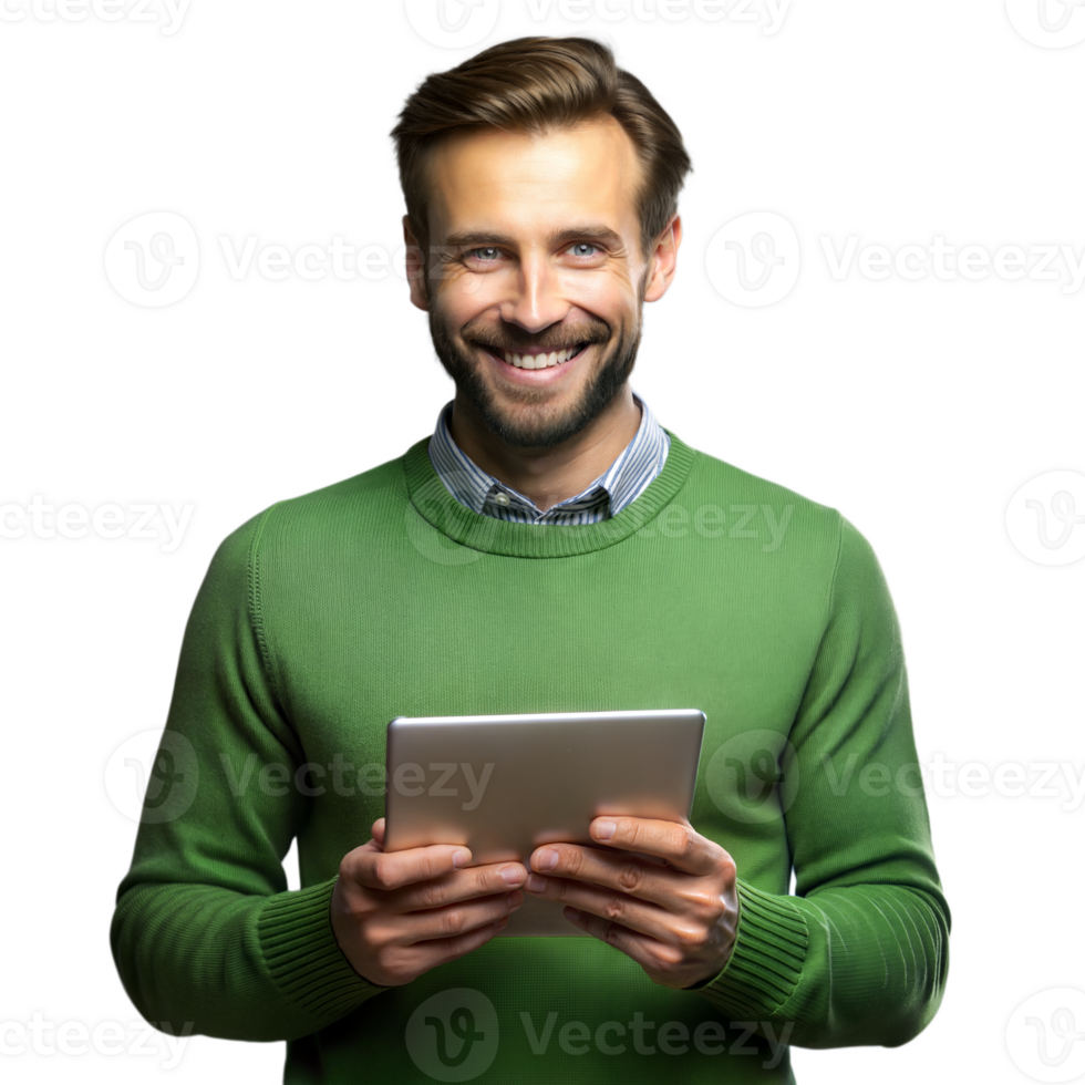 Smiling man using digital tablet on transparent background png