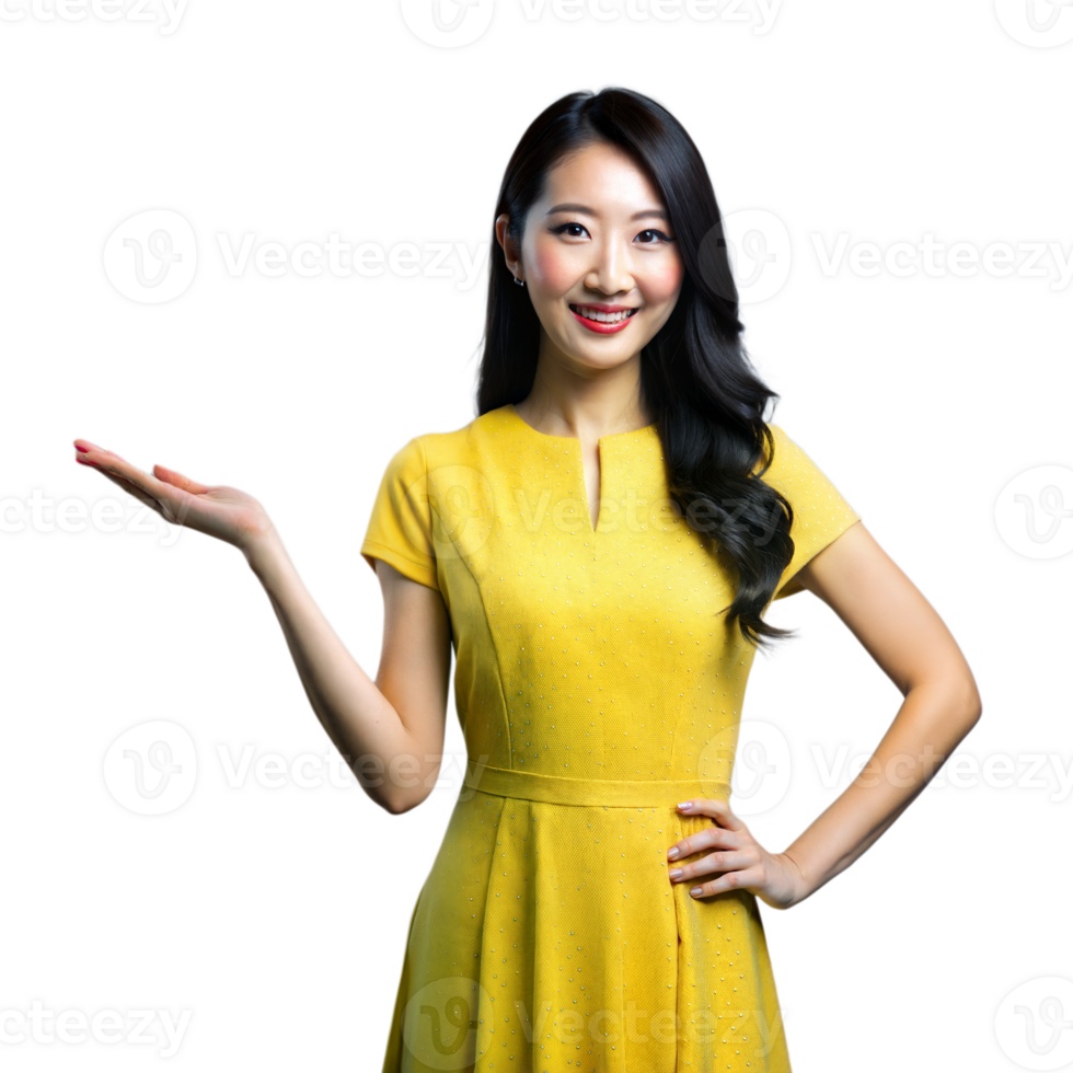 Confident woman presenting with hand gesture on transparent background png