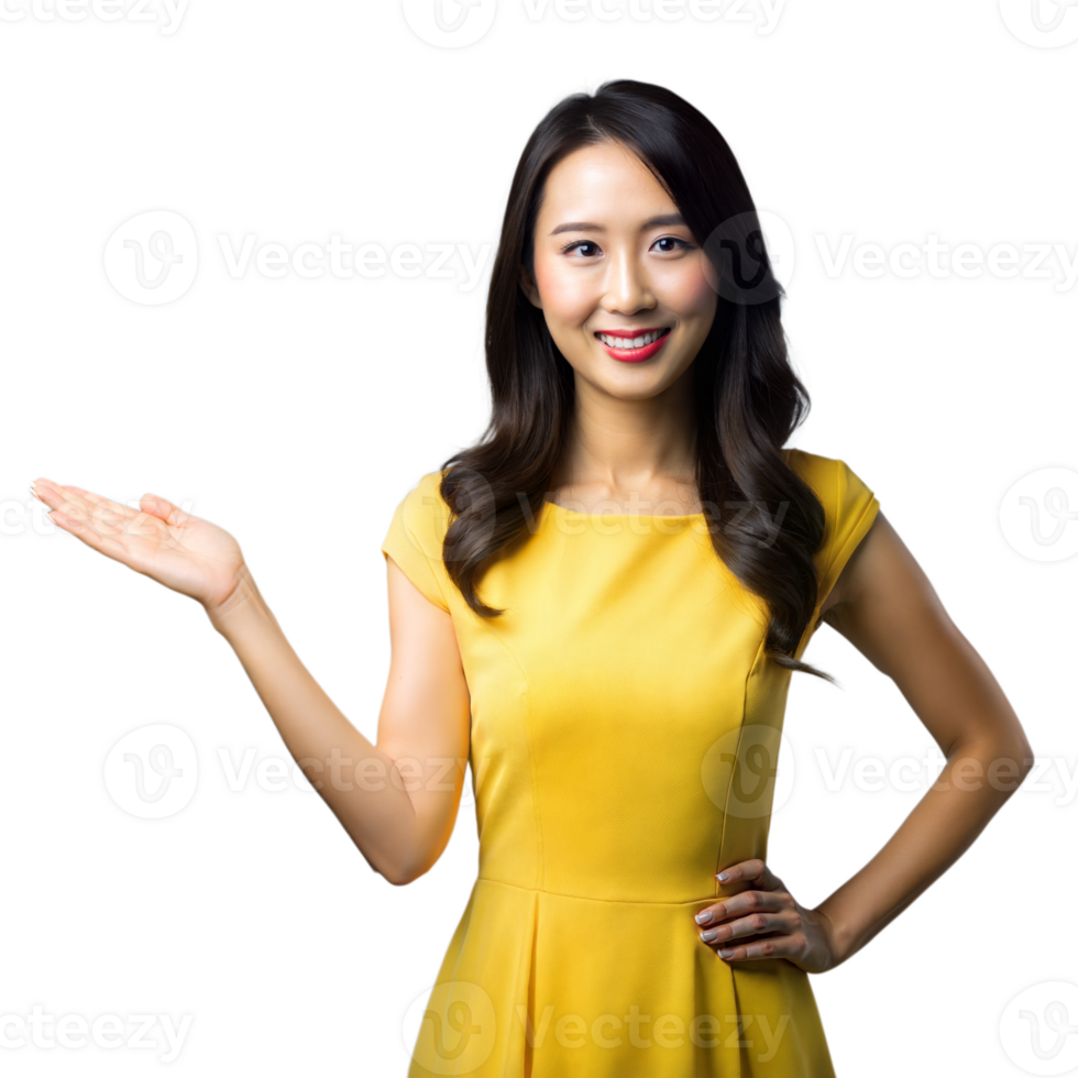 Confident young woman presenting with a welcoming smile png
