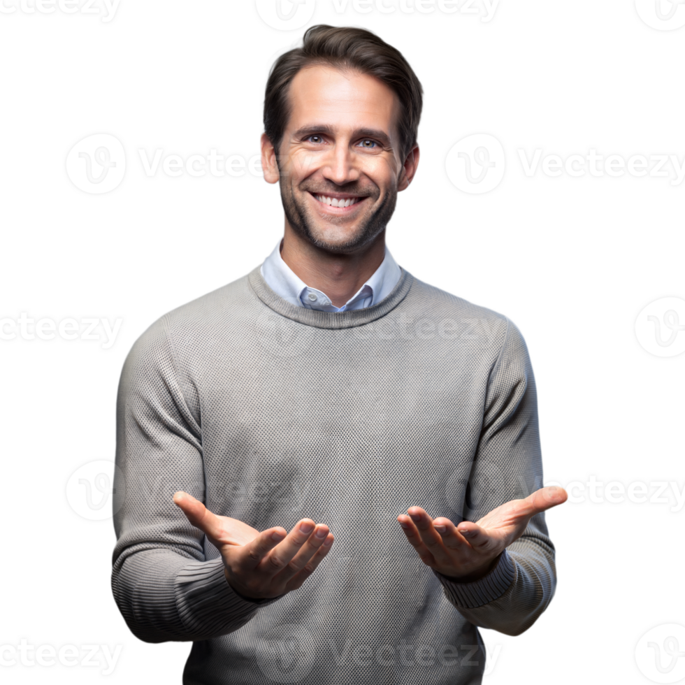 Smiling man in casual sweater with open hands on transparent background png