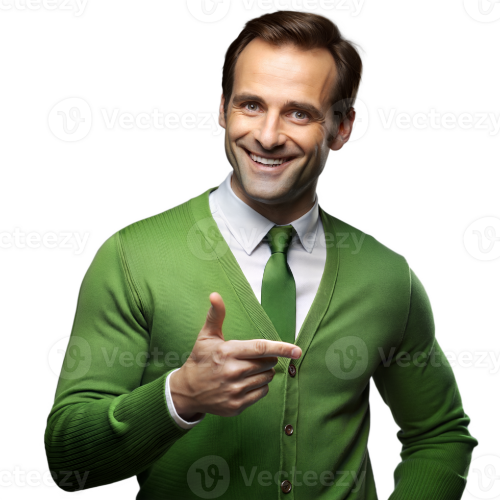 Smiling man in green sweater pointing with confidence png