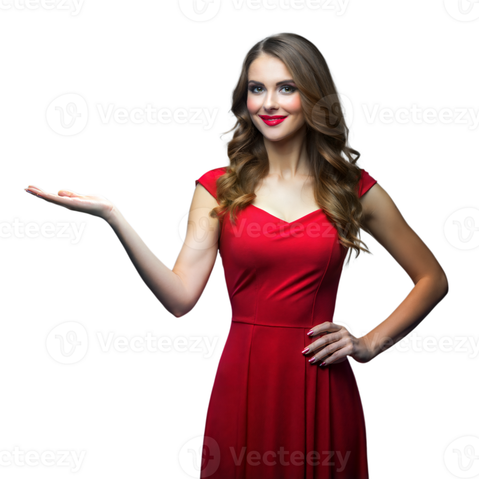 Confident woman in red dress gesturing with open hand png