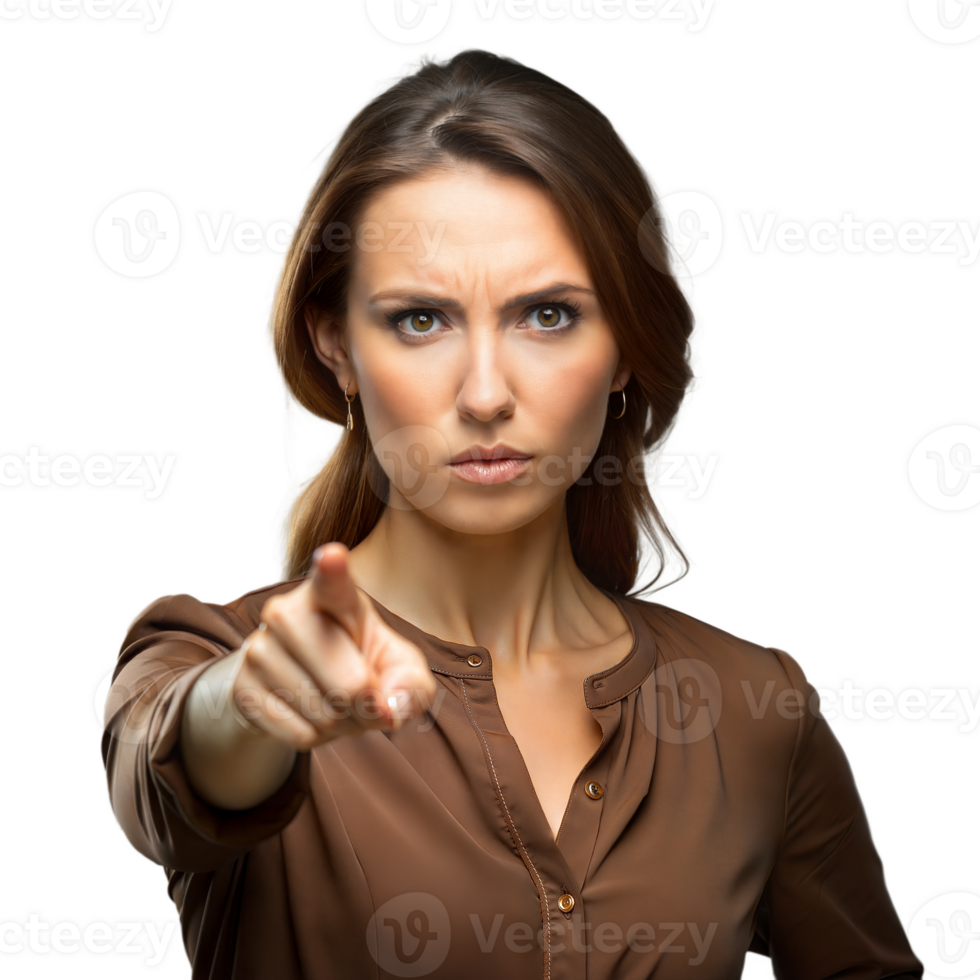 Serious woman pointing directly at camera on transparent background png