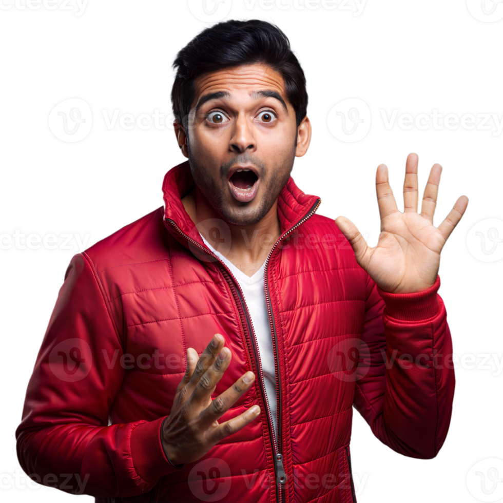 Surprised young man in red jacket on transparent background png