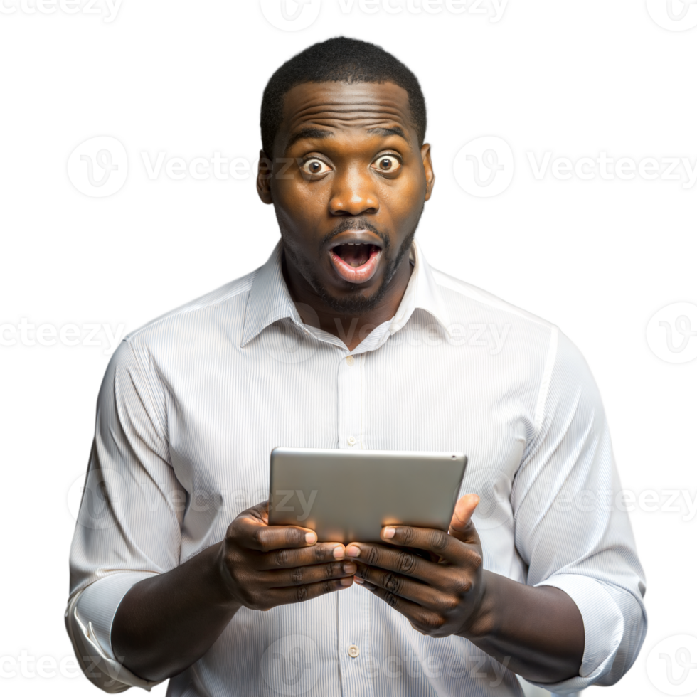 Surprised man holding tablet on transparent background png