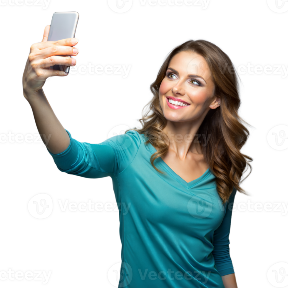 Happy woman taking selfie with smartphone on transparent background png