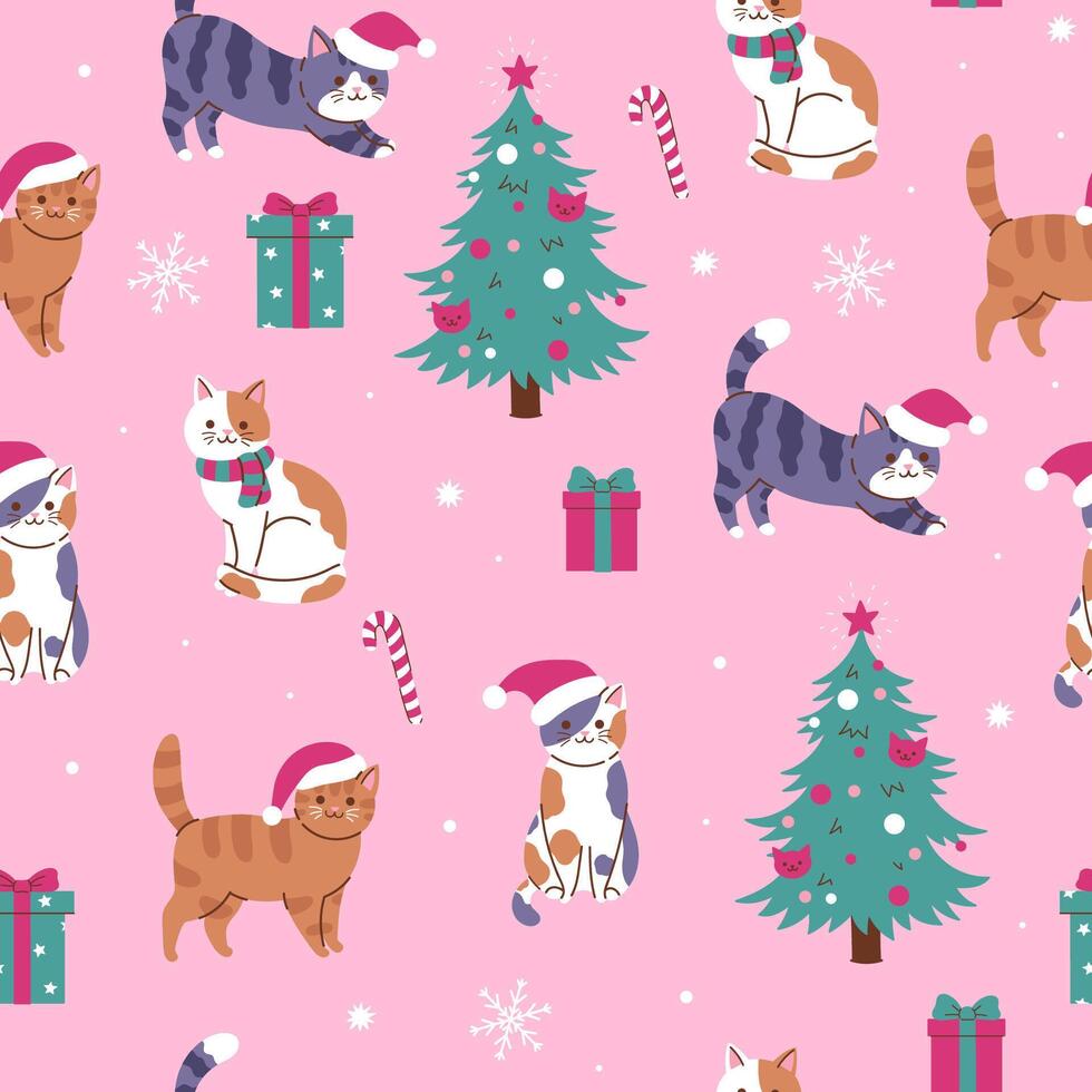 Seamless pattern with Christmas cats, trees and gifts. graphics vector
