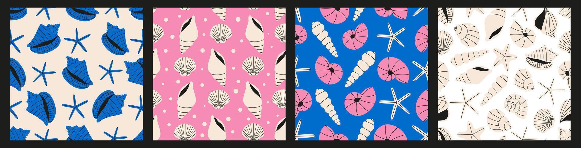 Seashells seamless pattern set in vibrant colors. Summer pattern collection of sea scallop for wrapping paper, wallpaper, notebook cover. vector