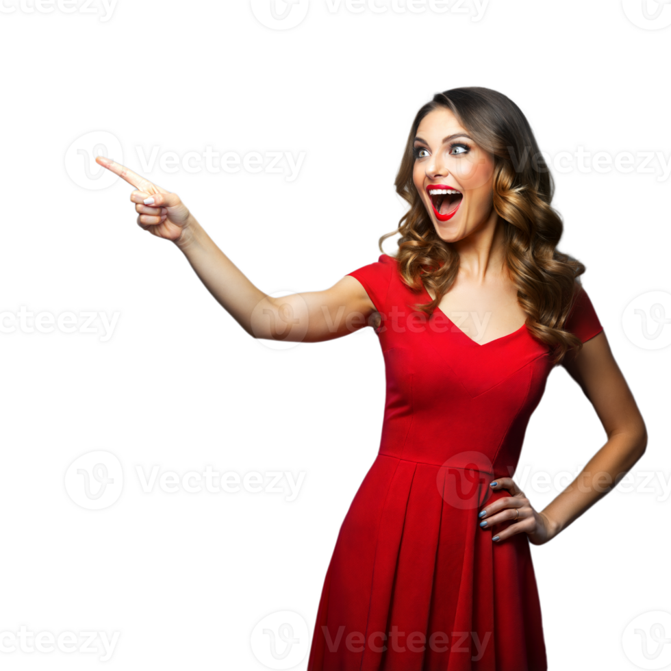 Excited woman in red dress pointing with joy png