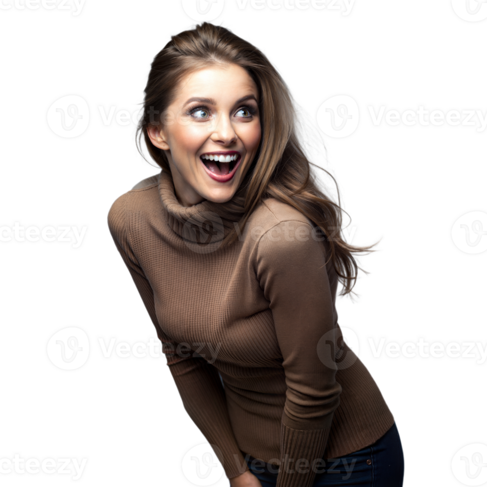 Happy surprised woman in brown sweater on transparent background png