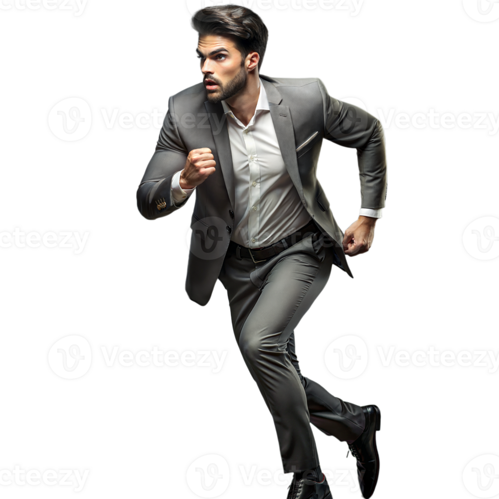 Focused businessman in suit running on transparent background png