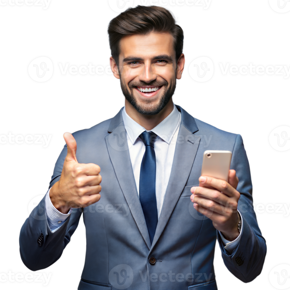 Confident businessman smiling and showing thumbs up with smartphone png