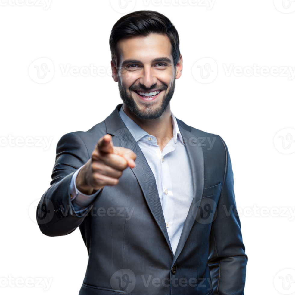 Confident smiling businessman pointing forward on transparent background png