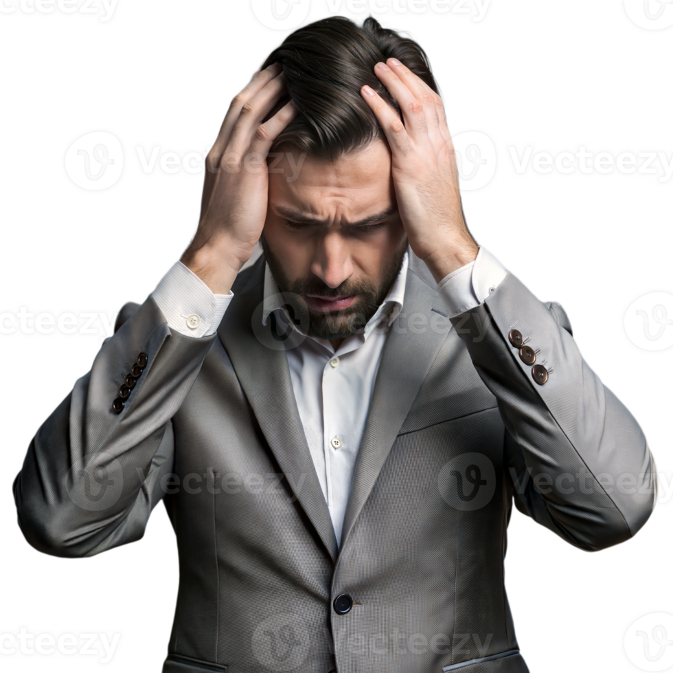 Stressed businessman holding head wearing gray suit on transparent background png