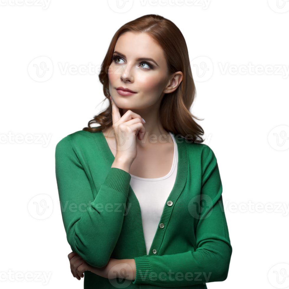 Thoughtful woman in green cardigan on transparent background png
