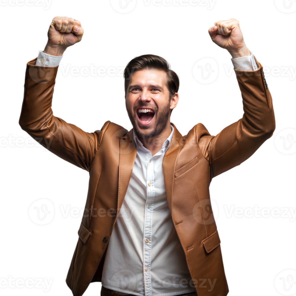 Excited businessman celebrating success with raised fists png