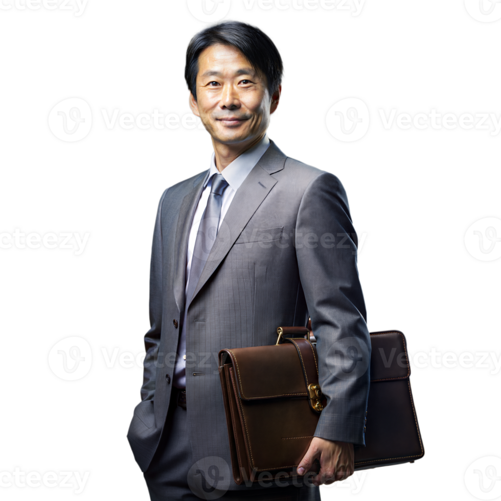 Confident businessman holding briefcase on transparent background png