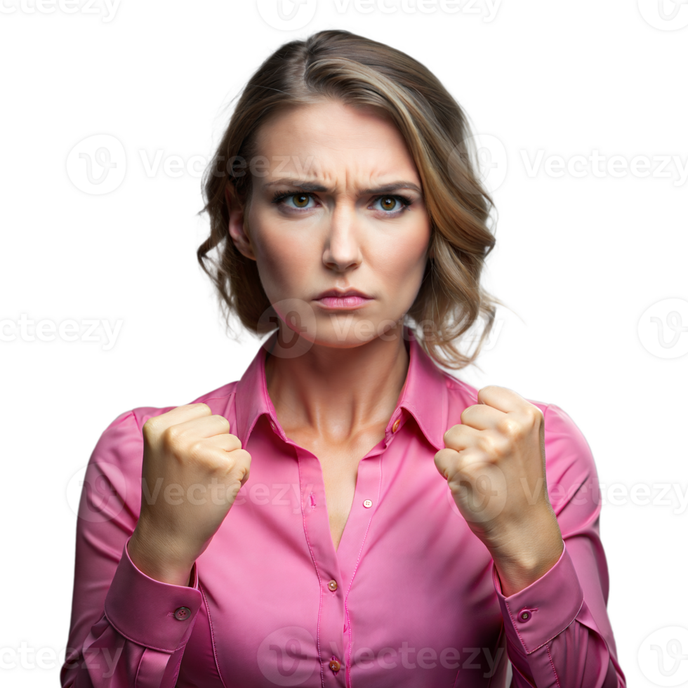 Determined woman with clenched fists on transparent background png