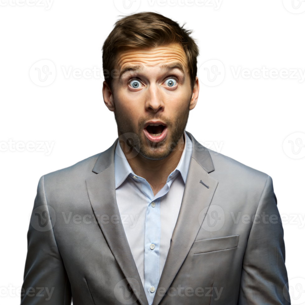Surprised man in suit with shocked expression on transparent background png