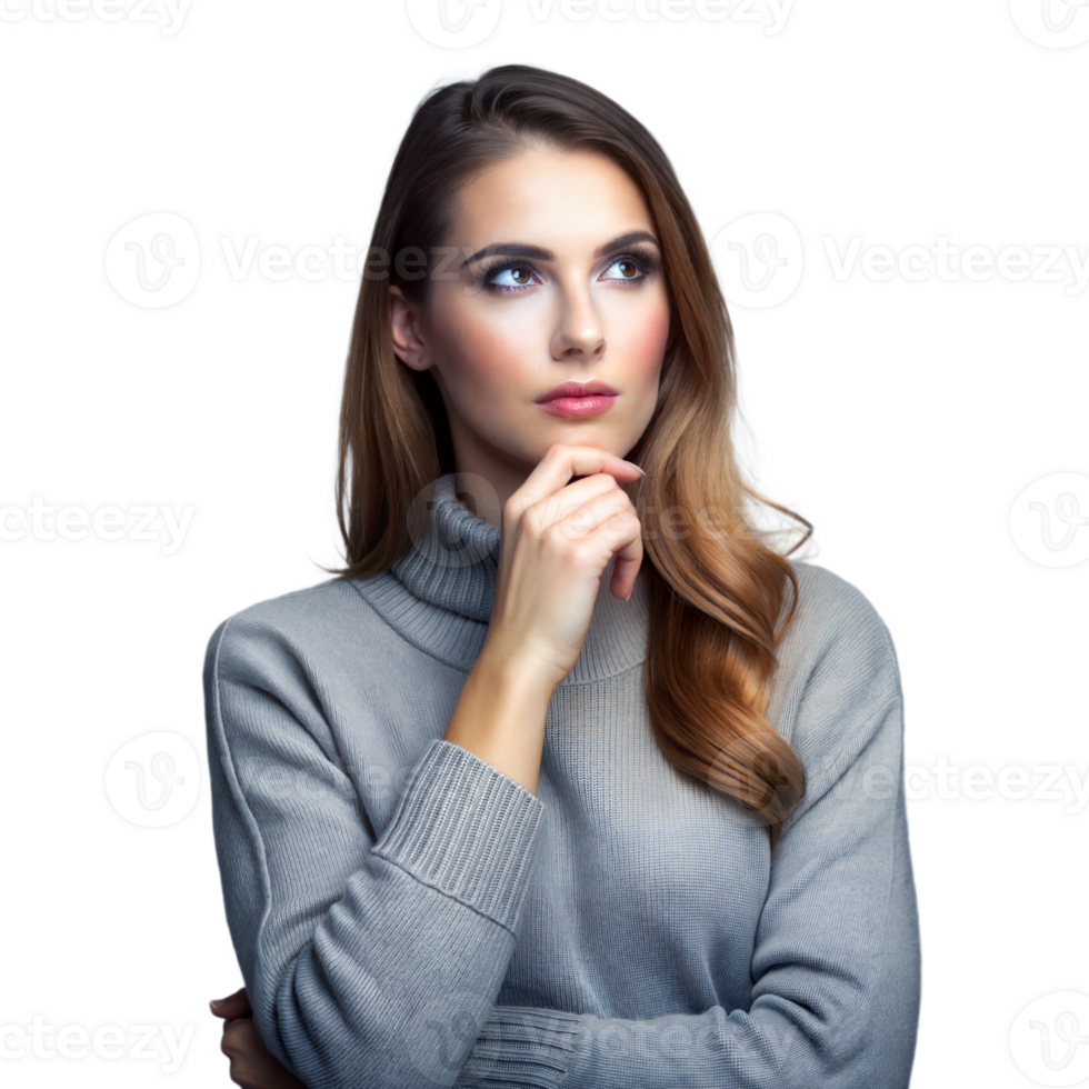Thoughtful young woman in a sweater with a contemplative expression png