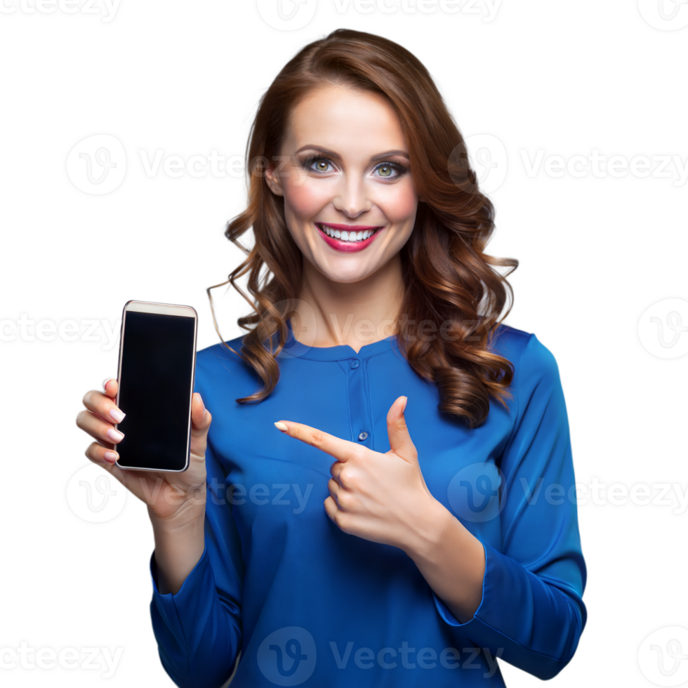 Smiling woman pointing at smartphone on transparent background png