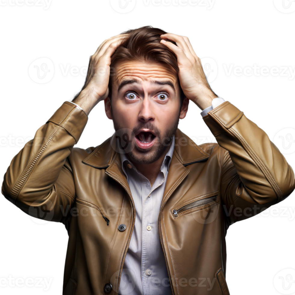 Shocked man with hands on head on transparent background png