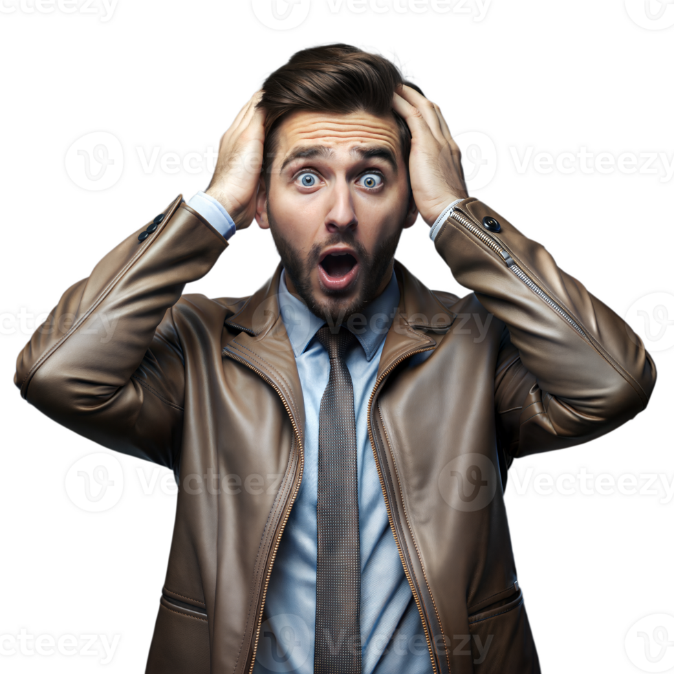 Surprised man in leather jacket with hands on head png