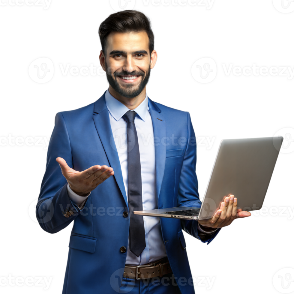 Confident businessman presenting with laptop on transparent background png