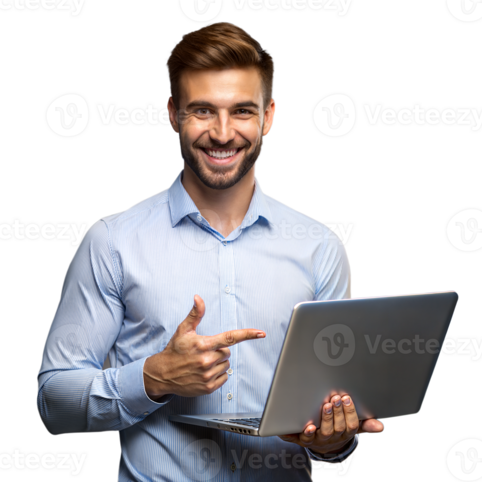 Smiling man holding and pointing at laptop on transparent background png