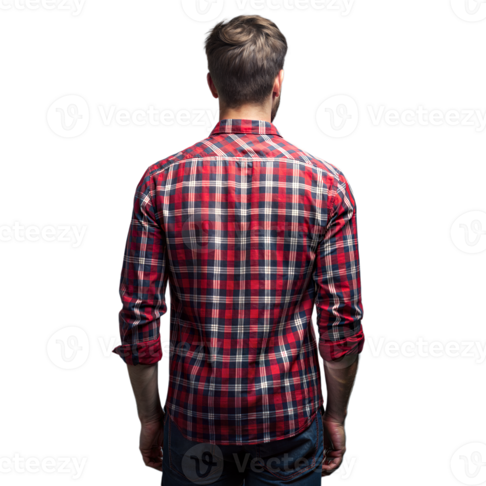 Man in red plaid shirt facing away on transparent background png
