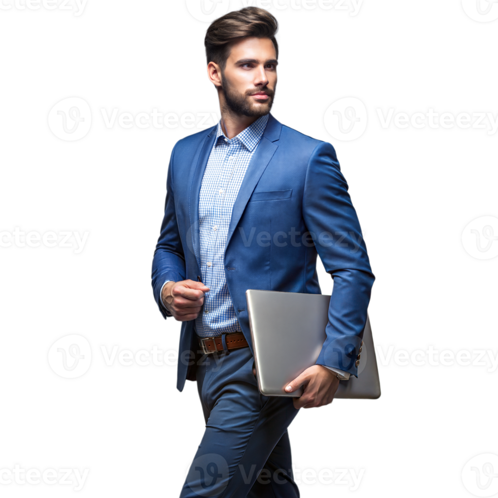 Confident businessman holding laptop on transparent background png