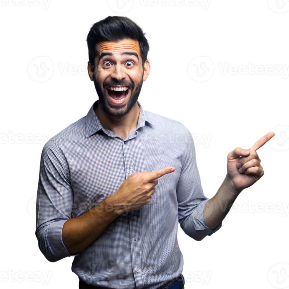 Excited man pointing to the side on transparent background png